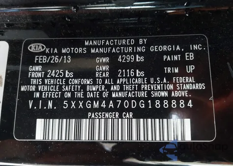 2013 Kia Optima Lx из США, поврежденный, VIN 5XXGM4A70DG188884